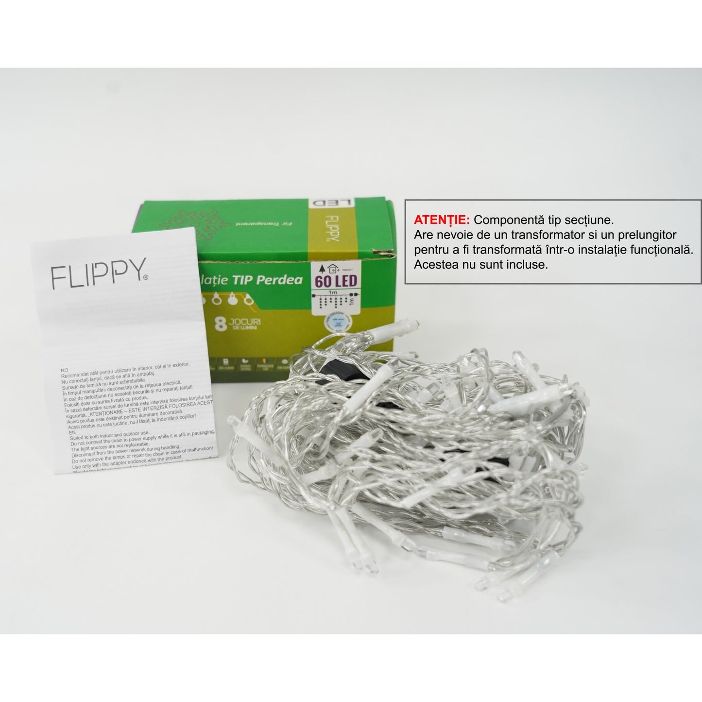 Sectiune Instalatie de Craciun Klevo Tip Perdea, 8 jocuri de lumini, 1x1 m, 60 LED-uri, Interconectabila, Fir Transparent, Alb Rece