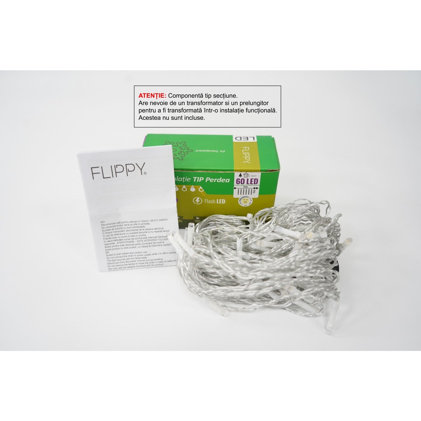 Sectiune Instalatie de Craciun Klevo Tip Perdea, cu Flash, 1 m x 1 m, 60 LED-uri, Interconectabila, Fir Transparent, Alb-cald