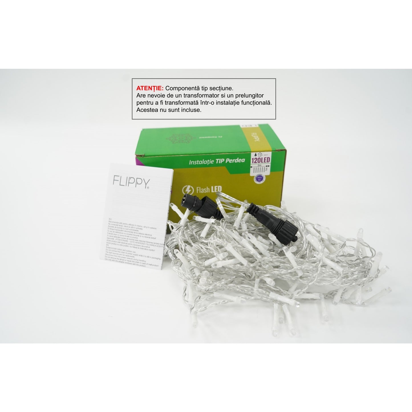 Sectiune Instalatie de Craciun Klevo Tip Perdea, cu Flash, 2 m x 1 m, 120 LED-uri, Interconectabila, Fir Transparent, Albastru