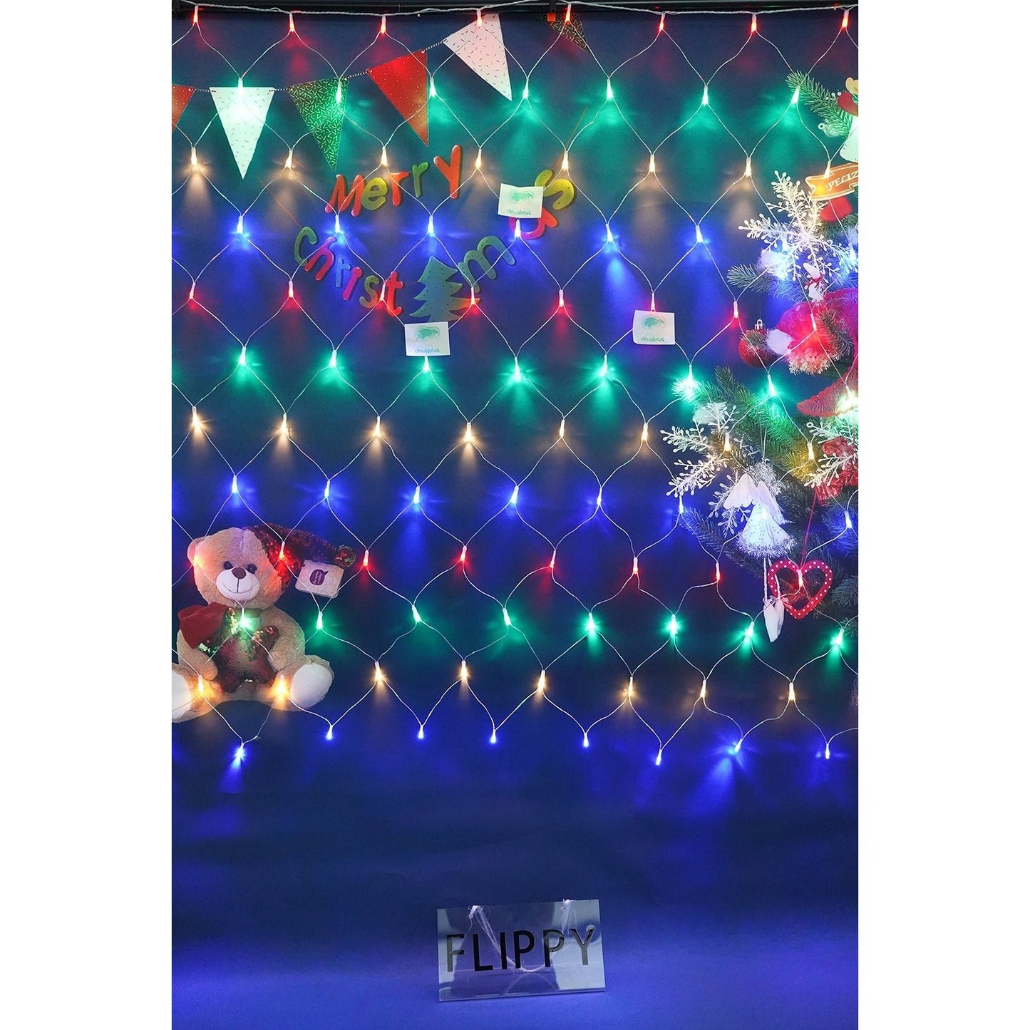 Sectiune Instalatie de Craciun Klevo, Tip Plasa, 120 LED-uri, 1.5 x 1.5 m, 8 jocuri de lumini, Interconectabila, Fir transparent, Multicolor