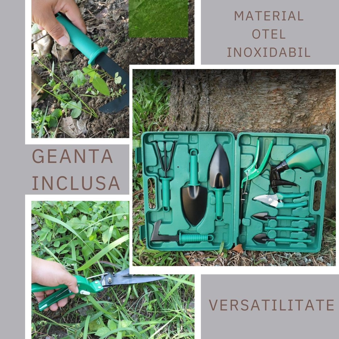 Set 10 accesorii pentru gradinarit Klevo, geanta depozitare inclusa, otel inoxidabil, 37 x 28 cm, verde