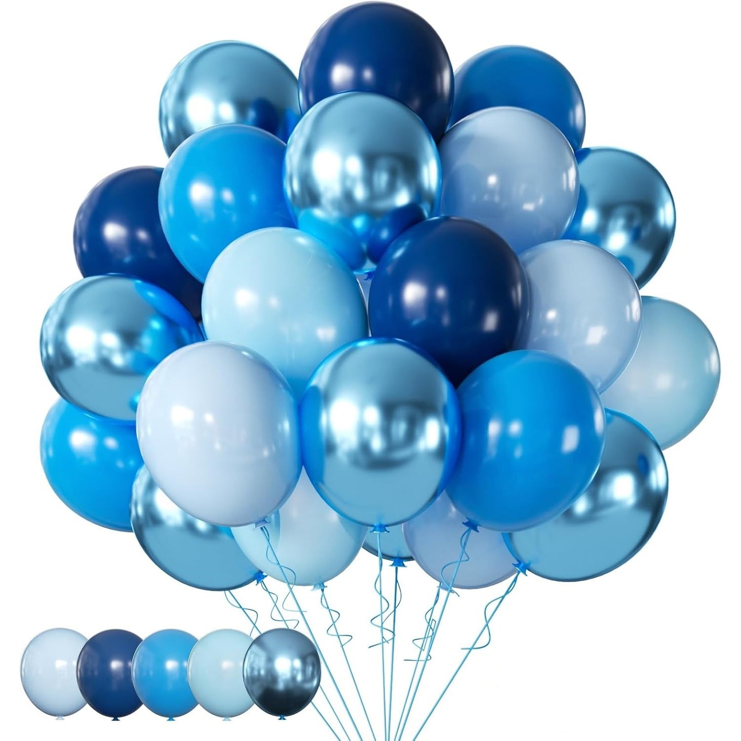 Set 10 Baloane din Latex Chrome, Klevo, Model Party, 23 cm, Diferite Nuante Albastru, 2.2 g