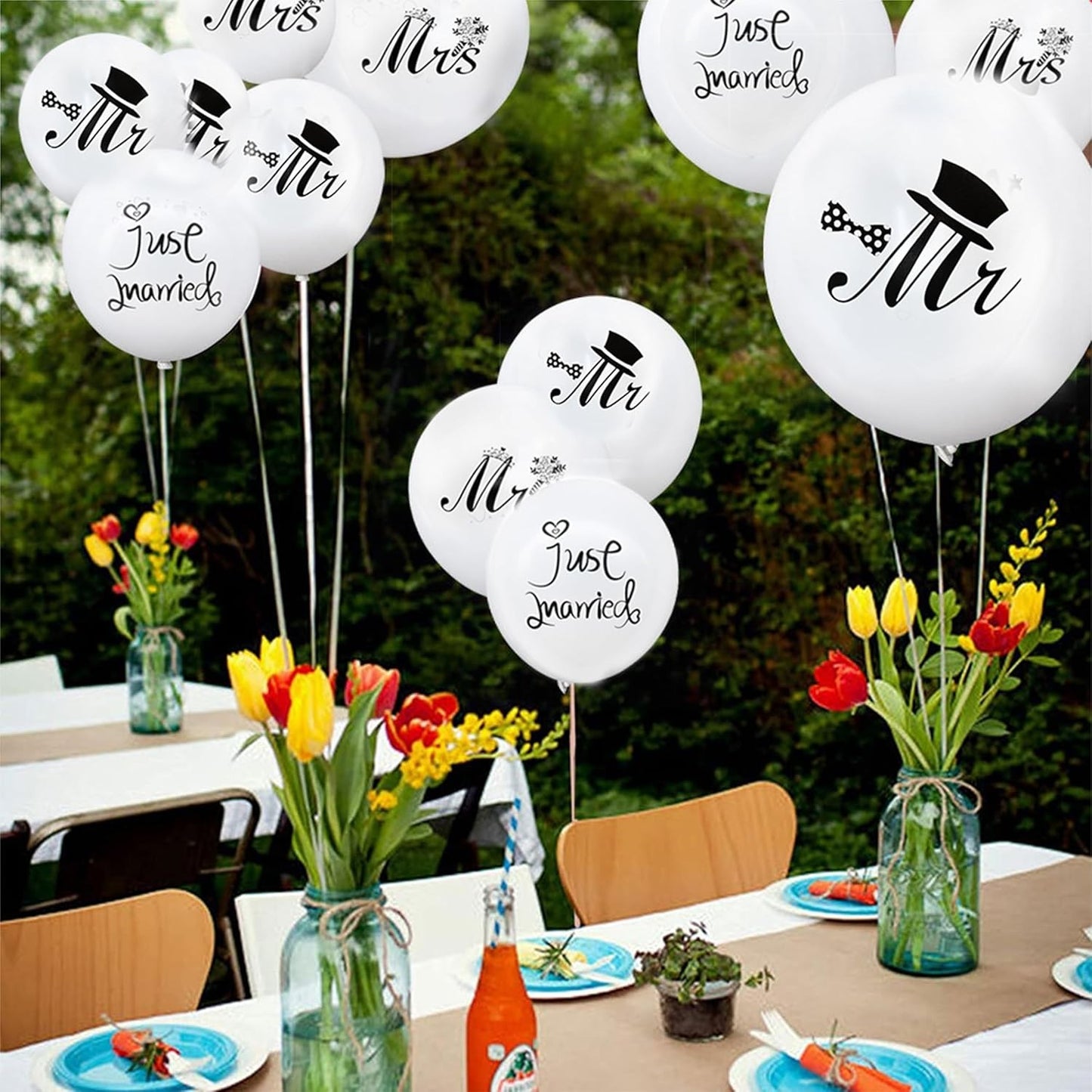 Set 10 Baloane din Latex, Klevo, Model Party Casatorie, Mr&Mrs Just Married, 2.8 g, 30 cm, Alb/Negru