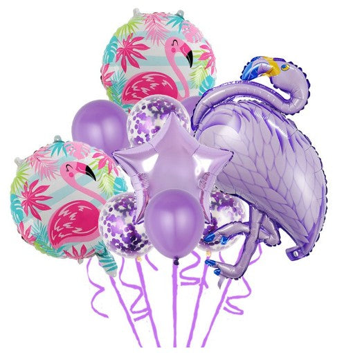 Set Baloane party aniversare, Klevo, din Folie de aluminiu si Latex, set din 10 baloane Flamigo Party, 1 stea, 5 baloane latex, 2 rotunde, 60 -90 cm, Mov