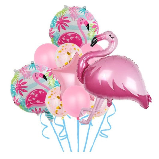 Set Baloane party aniversare, Klevo, din Folie de aluminiu si Latex, set din 10 baloane Flamigo Party, 1 stea, 5 baloane latex, 2 rotunde, 60 -90 cm, Rose