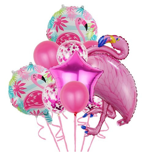 Set Baloane party aniversare, Klevo, din Folie de aluminiu si Latex, set din 10 baloane Flamigo Party, 1 stea, 5 baloane latex, 2 rotunde, 60 -90 cm, Roz