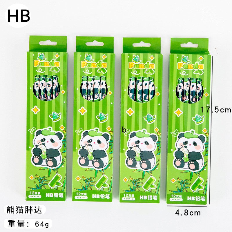 Set 12 Creioane Negre, Klevo, 2B, pentru Elevi Scoala, cu Radiera, Model Verde cu Panda