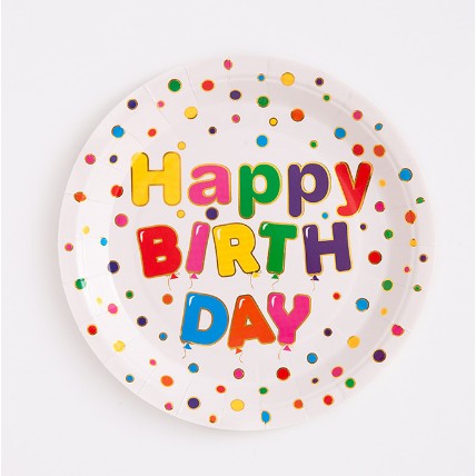 Set 10 Farfurii Unica Folosinta, Klevo, Imprimeu Happy Birthday, din Carton, Diametru 18 cm, Multicolor