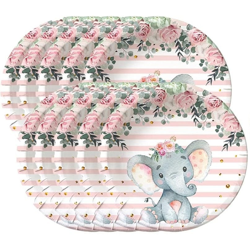 Set 10 Farfurii Unica Folosinta, Klevo, Imprimeu Elefant, din Carton, 22 cm, Roz