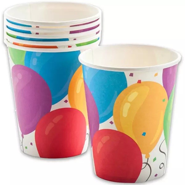 Set 10 Pahare, Klevo, Imprimeu cu Baloane, din Carton, 250 ml, 7.5 x 8.5 x 5.2 cm, Multicolor