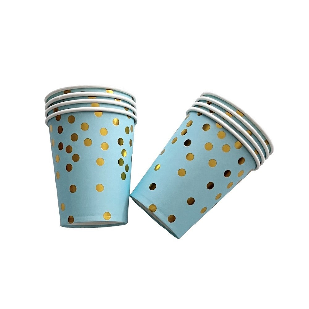 Set 10 Pahare, Klevo, Imprimeu cu Buline, din Carton, 250 ml, 7.5 x 8.5 x 5.2 cm, Albastru/Auriu