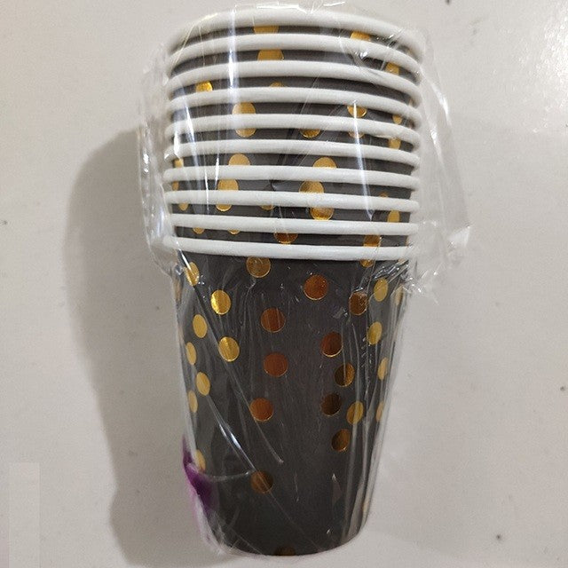 Set 10 Pahare, Klevo, Imprimeu cu Buline, din Carton, 250 ml, 7.5 x 8.5 x 5.2 cm, Negru/Auriu
