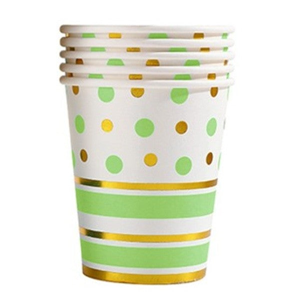 Set 10 Pahare, Klevo, Imprimeu cu Buline si Dungi, din Carton, 250 ml, 7.5 x 8.5 x 5.2 cm, Verde/Auriu