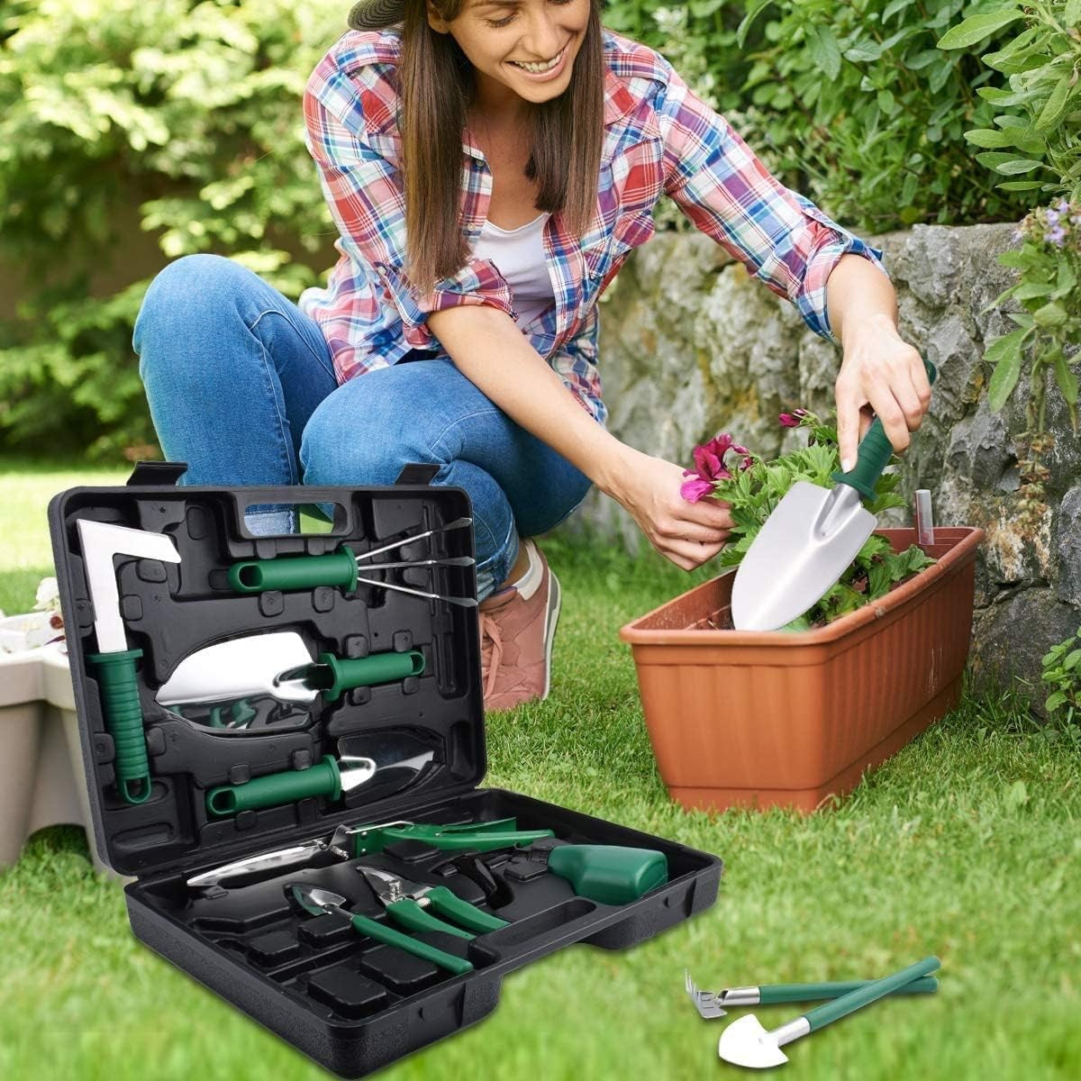 Set 10 Unelte de Gradina, Klevo, pentru Plantare Prelucrare Sol si Ingrijire Plante, Manere Verzi, Material PVC si Otel Inoxidabil, Cutie Inclusa, 37x28x7 cm, Negru
