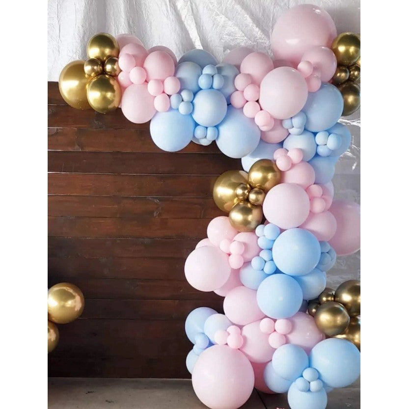 Baloane decorative pentru BABY SHOWER, Klevo, Arcada Set 106 baloane din latex, Model Petrecere, Baloane Party, 12 cm, 30 cm, 45 cm, Roz, Albastru, Gold