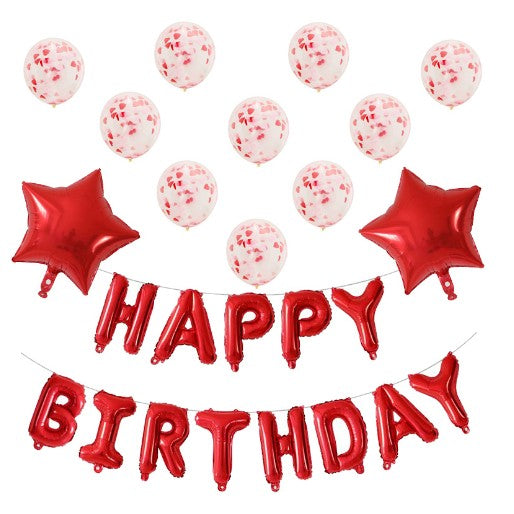Set 12 Baloane si 1, Set pentru Aniversare, mesaj Happy Birthday, din folie de aluminiu, 30 -45 cm, Cu paiete, latex si folie, Rosu