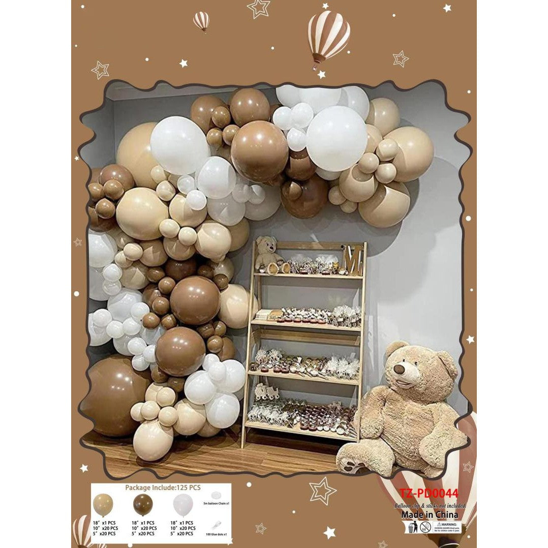 Baloane din Latex pentru Arcada, Klevo, Set Mix din 125 baloane, Model Petrecere pentru Arcada, Baloane Party, 12 cm, 25 cm, 45 cm, Pai si Adeziv inclus in pachet, Maro, Alb, Bej