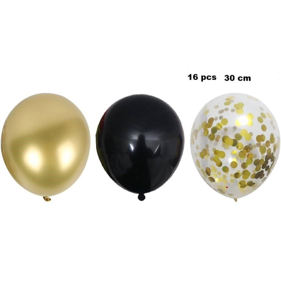 Set 16 Baloane din Latex, Klevo, Model Party, 30 cm, Auriu, Negru, Confetti, 2.8 g