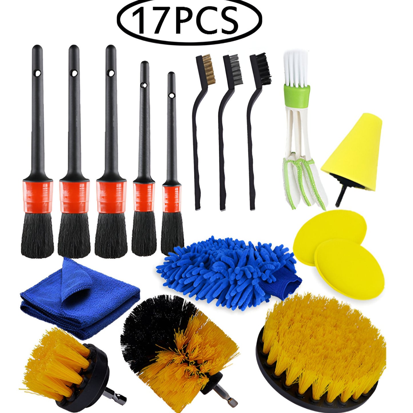 Set 17 Accesorii pentru Curatare Auto, Klevo, Interior si Exterior, 4 Capete pentru Bormasina, 5 Pensule, 3 Perii, 1 Laveta, 1 Manusa, 1 Perie