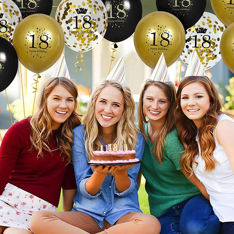 Set 18 Baloane Majorat, Klevo, din Latex, Metalizate, Mesaj 18 Happy Birthday, 30 cm, cu Confetti, Auriu/Negru