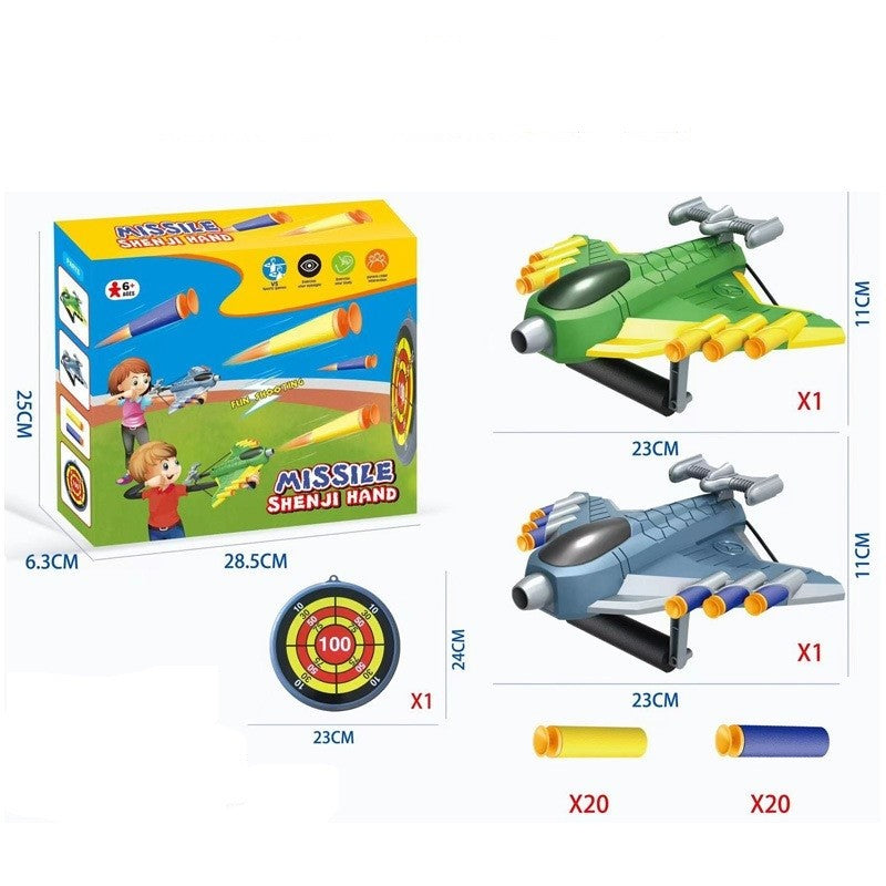 Jucaruie cu Lansator pentru Copii, Klevo, Lanseaza Manual, Tinta, 2 Avioane, 40 de Gloante din Material Moale, Joc Interactiv, 28.5x25x6.3 cm, Gri Verde