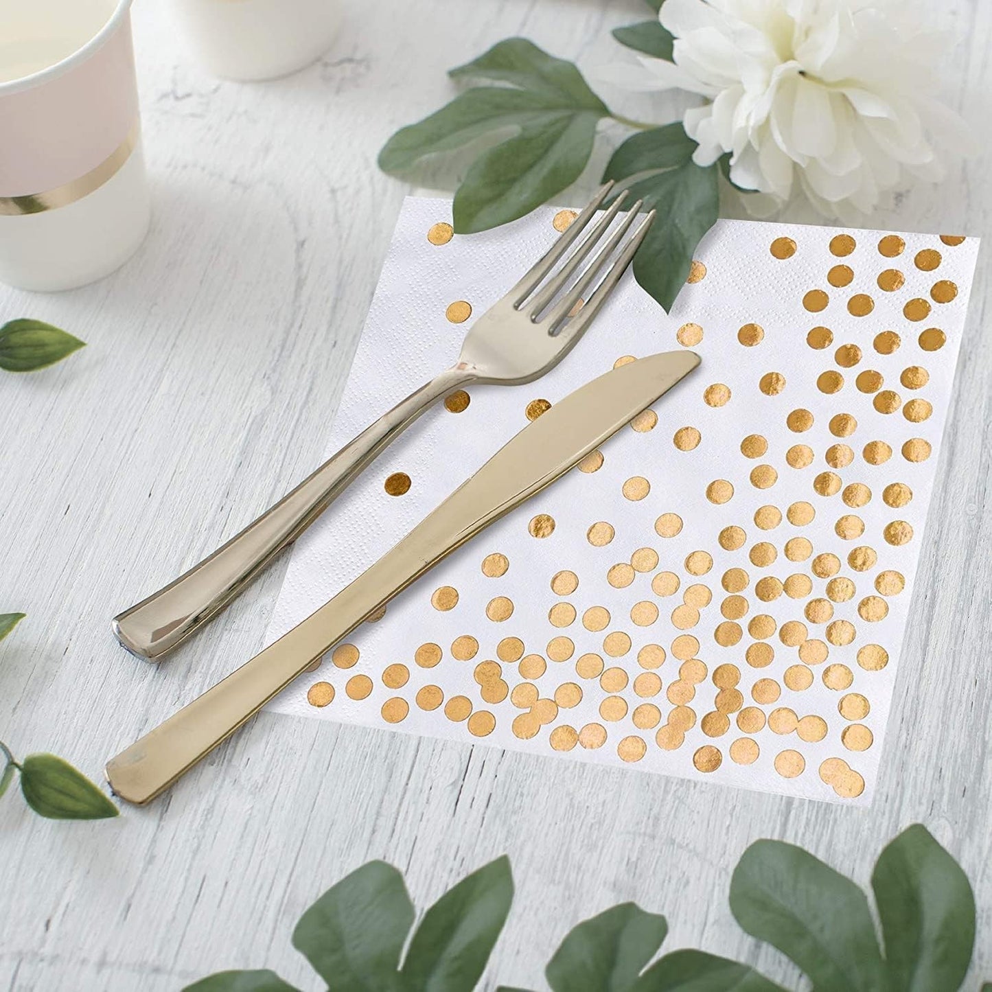 Set 20 de Servetele de Masa, Klevo, Imprimeu cu Buline Aurii, din Hartie, 17 x 17 cm, Alb