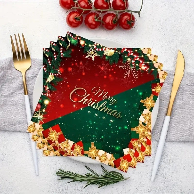 Set 20 de Servetele de Masa, Merry Christmas, Klevo, Tematica Craciun, 16.5 cm, Verde/Rosu