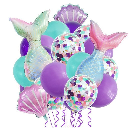 Baloane decorative Aqua Sirene, Klevo, Set MIX 22 baloane, din folie de alumiu, 2 Sirene, 2 Scoici, 18 baloane din latex, 50 x 85 cm Adeziv si pai inclus, Mov Multicolor