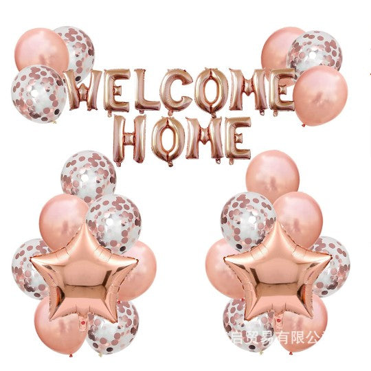 Set baloane folie si latex, Klevo, WELCOME HOME, 22 de piese, 20 baloane latex, 2 baloane stea Folie, 1 set Welcome Home, Rose gold metalic