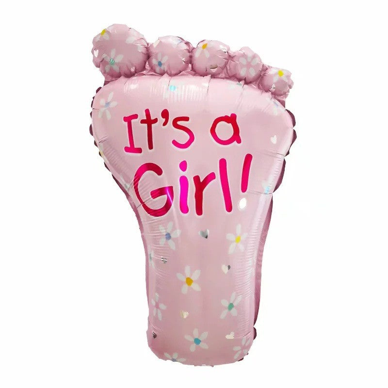 Set 3 Baloane din Folie Metalizata, Klevo, Figurine Picior 46x79 cm, Inima 45 cm, Stea 45cm, Model It's a Girl, Tema Gender Reveal, Ambalaj Individual, Pai Inclus, Umflare cu Aer sau Heliu, Roz