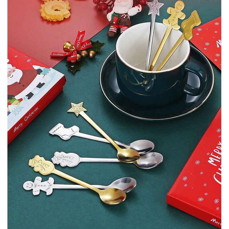 Set 4 Lingurite, Klevo, Tema Craciun, din Otel Inoxidabil, 4 Modele Festive, Cutie Cadou, 14 x 14 x 2.5 cm, Auriu