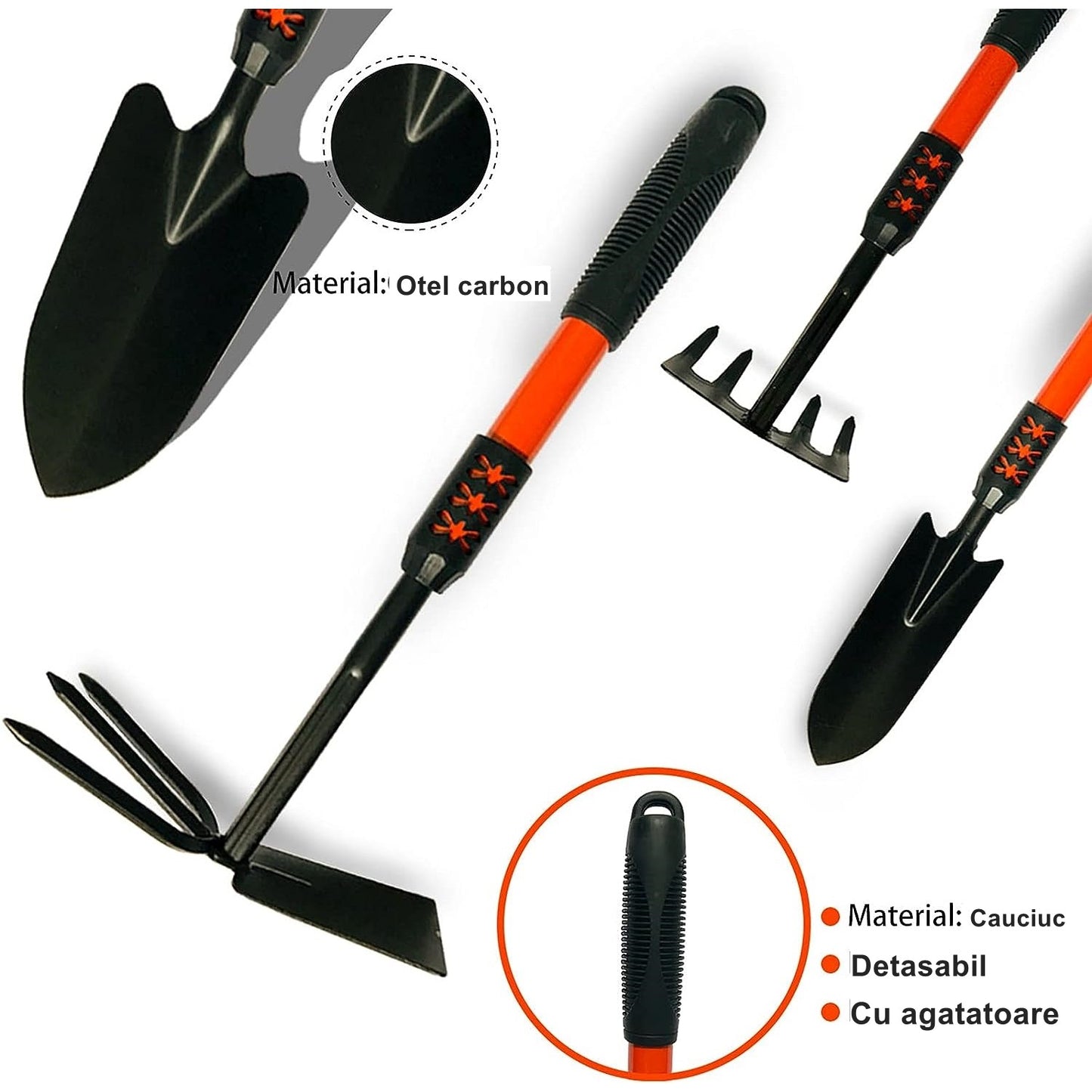 Set 4 Unelte de Gradina Klevo, Maner extensibil, pentru Plantare Prelucrare Sol si Ingrijire Plante, Material otel carbon, negru