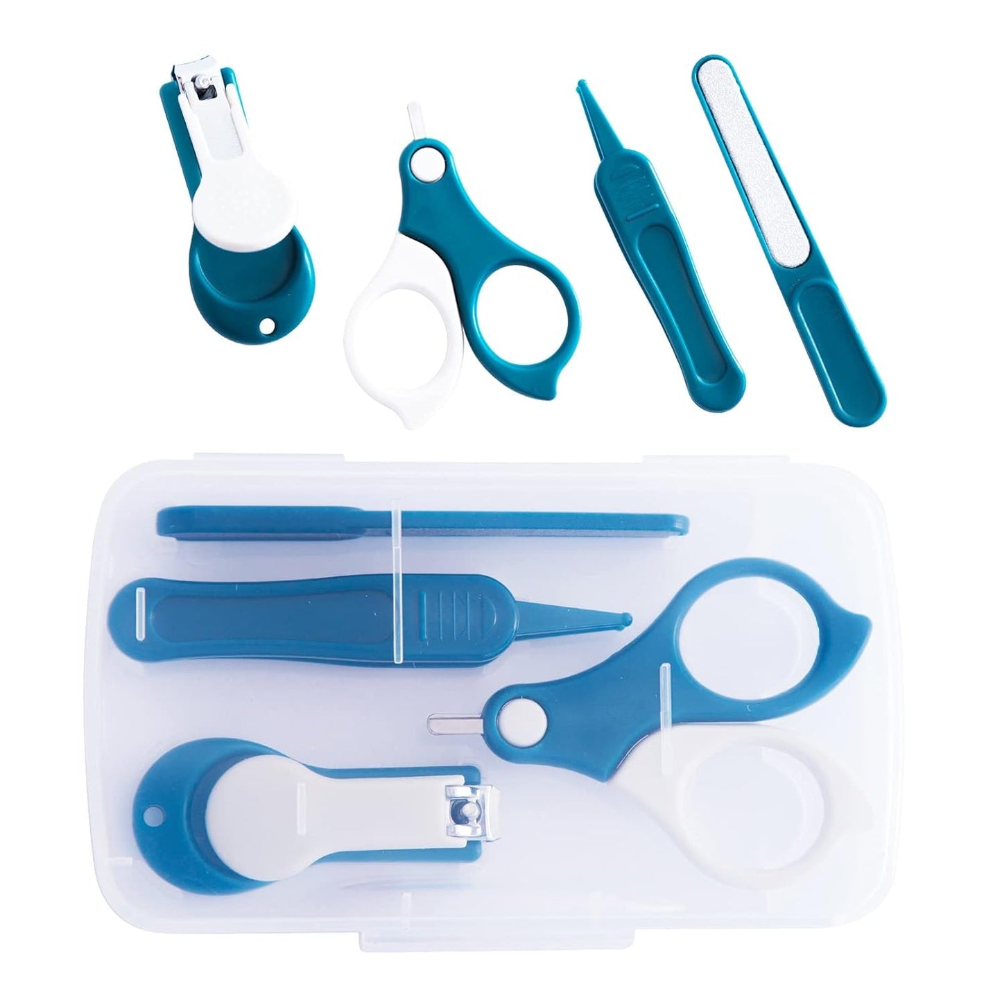 Set 4in1 de Ingrijire Unghii pentru Bebelusi, Klevo, Cutie de Depozitare Transparenta, 0-6 Ani, 13.6x8x2 cm, Albastru Marin