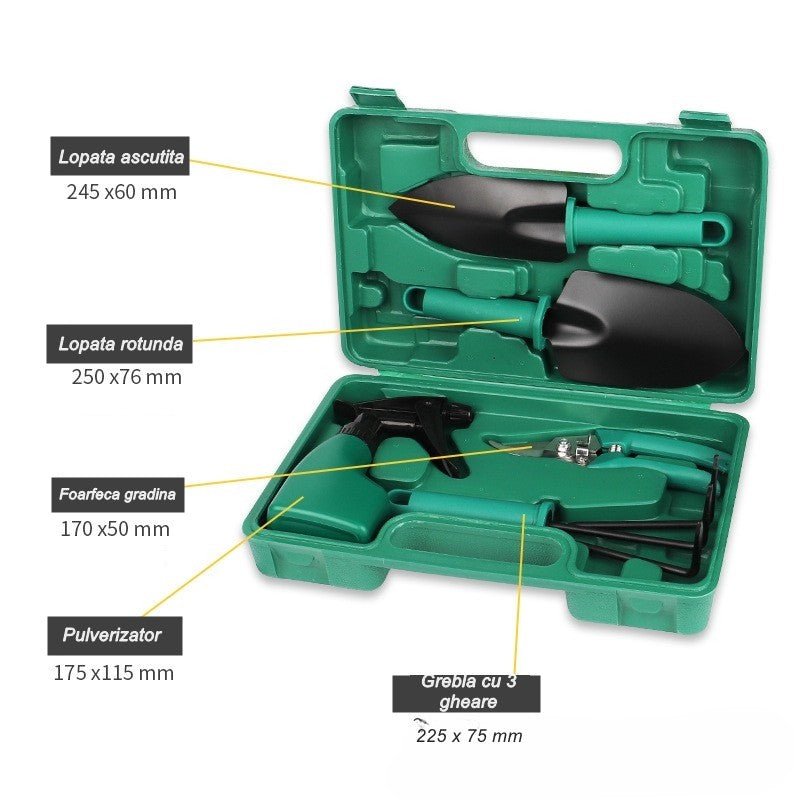 Set 5 accesorii pentru gradinarit Klevo, geanta depozitare inclusa, otel inoxidabil, 18.5 x 29.5 cm, verde