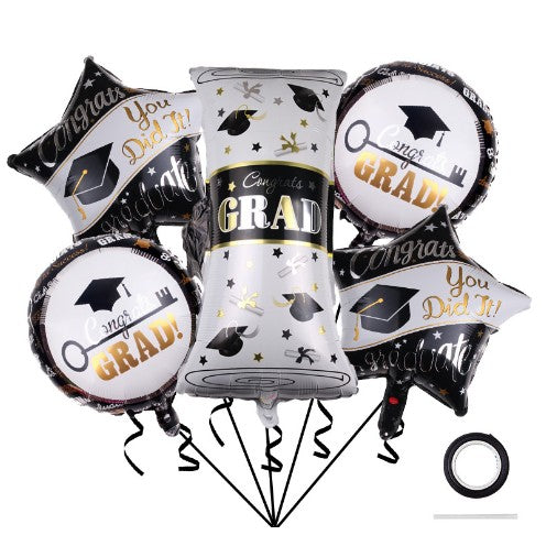 Baloane cu tematica Absolvire, Klevo, set din 5 baloane, 1 Figurina Diploma, 2 stele, 2 rotunde, din folie de aluminiu, 70 x 40 cm, Aer si Heliu, Alb Negru