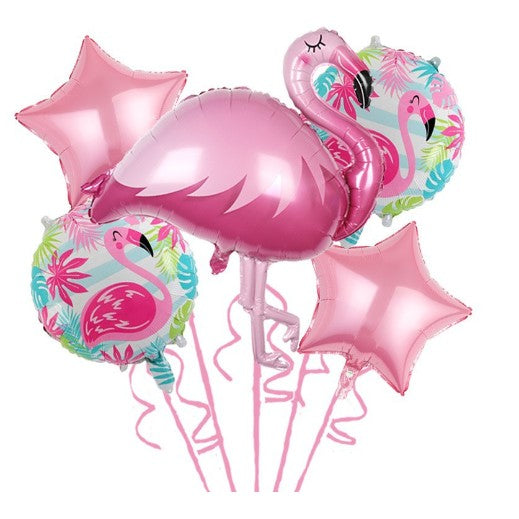 Baloane aniversare Flamingo Party, Klevo, din Folie de aluminiu si Latex, set din 5 baloane, 1 Flamingo, 2 Stele, 2 rotunde, 60 x 90 cm, Adeziv si pai inclus Rose