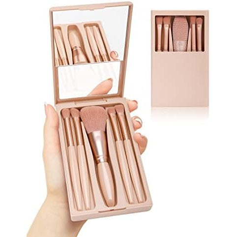 Set 5 Pensule de Machiaj cu Peri Moi, Klevo, cu Suport pentru Depozitare si Oglinda, Roz Pal