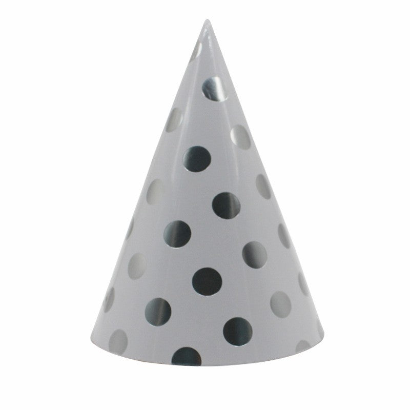 Set 6 Coifuri Metalizate, Klevo, pentru Petrecere, Tematica Aniversare, Model Buline, 20 cm, Argintiu