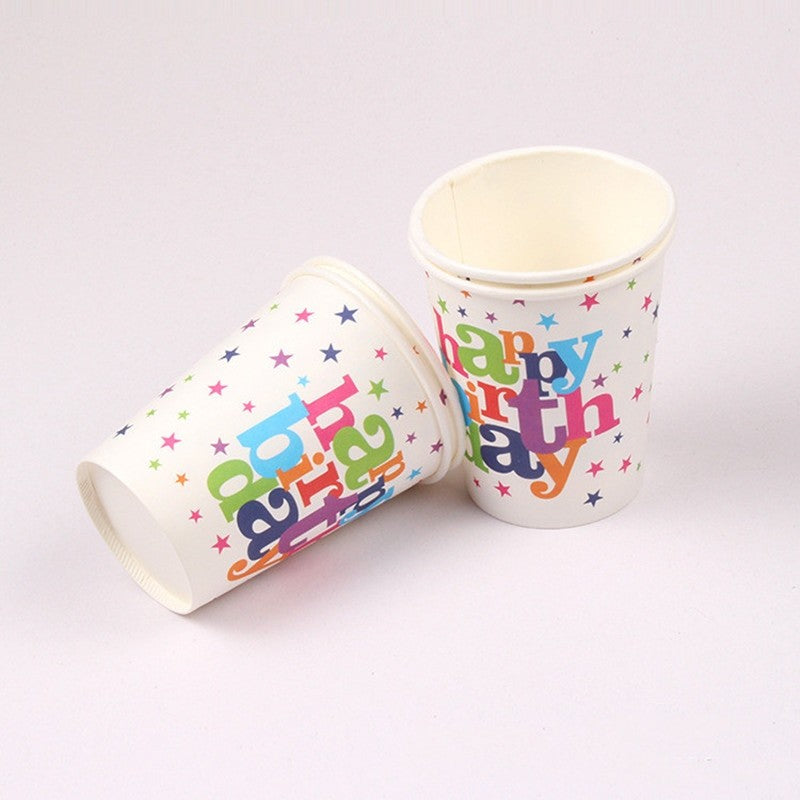 Set 6 Pahare, Klevo, Imprimeu Happy Birthday, din Carton, 7.5 x 7.8 cm, Multicolor