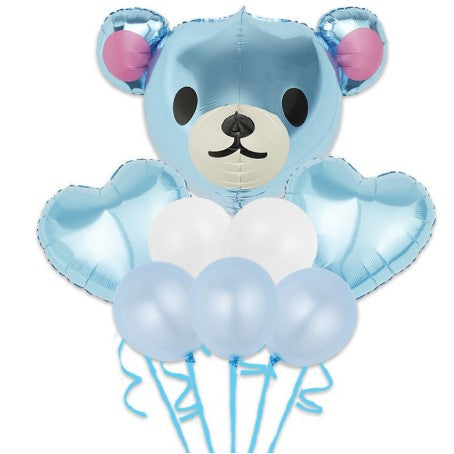 Set Baloane Aniversare, Klevo, set din 8 bucati, 1 bucata urs mare, 2 inimi folie, 5 simple din latex Baby Boy, 60 cm Albastru