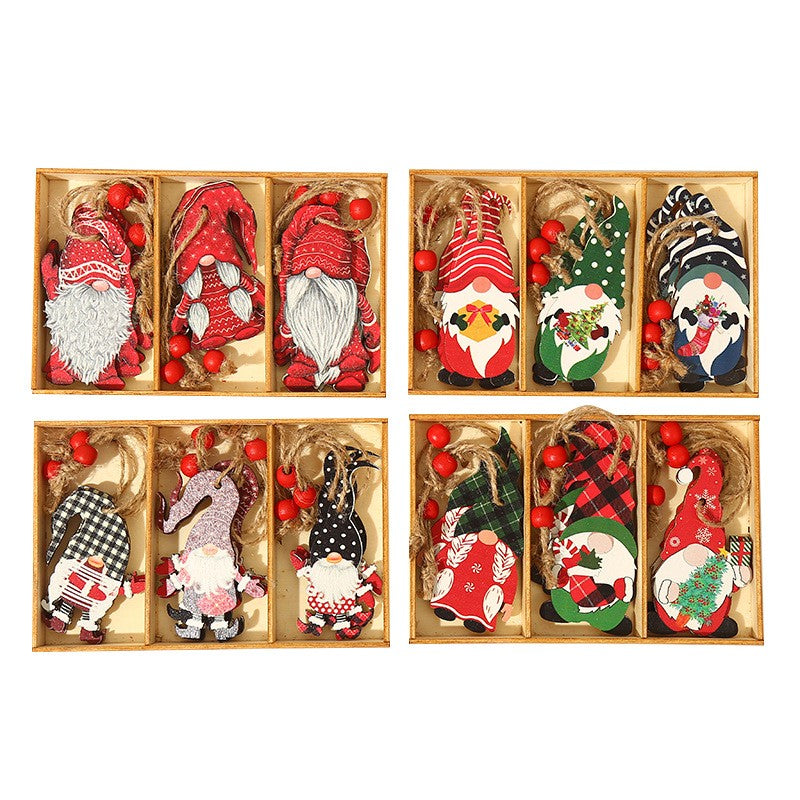 Set 9 Decoratiuni de Craciun din Lemn, Klevo, cu Snur pentru Agatare in Brad, Model Mos Craciun Diferite Dimensiuni, 3 Modele, Multicolor