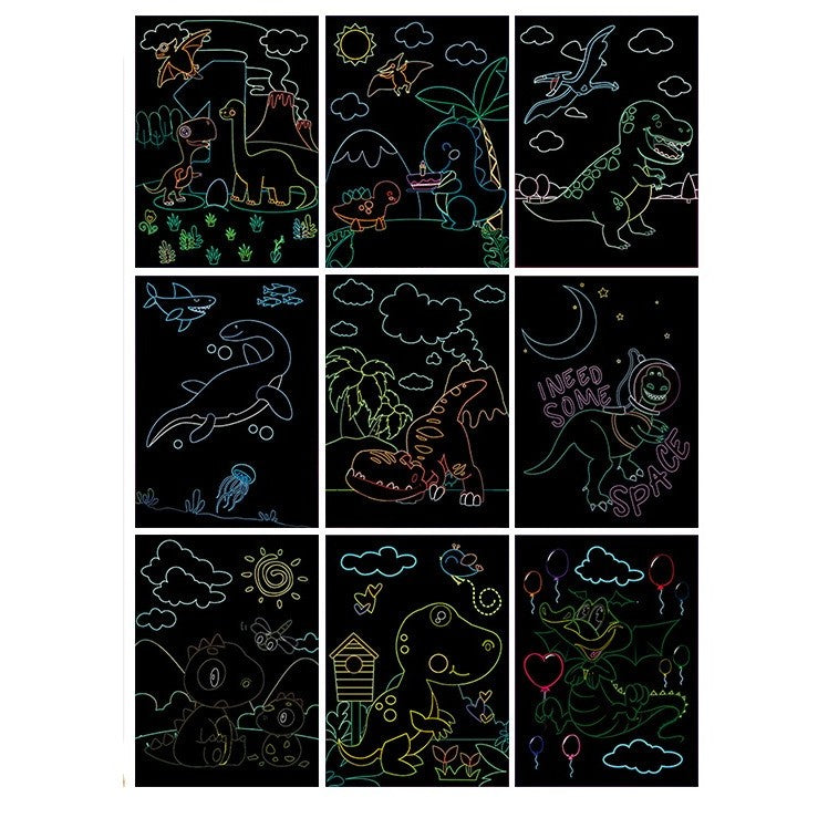 Set 9 Planse Razuibile, Klevo, Scratch ArtCards, +3 Ani, de Razuit si de Colorat, 19 x 14 cm, Model Dinozauri, Multicolor