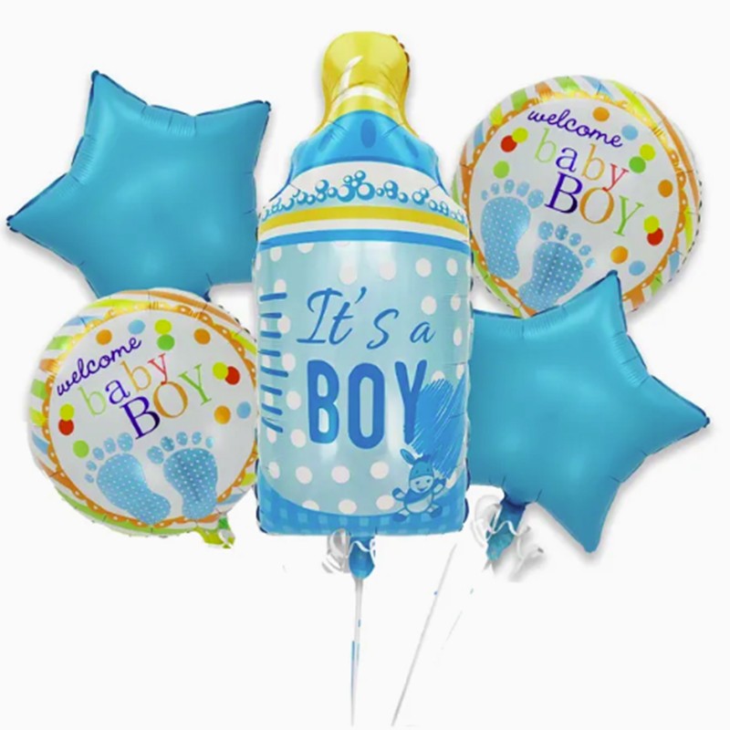 Baloane decorative GENDER REVEAL PARTY, Klevo, Figurina Sticluta, Model IT'S A BOY, Set din 5 baloane, 40 x 77 cm, pentru Botez, Albastru
