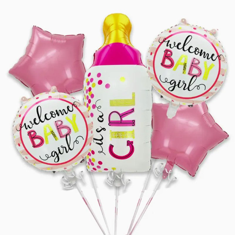 Baloane decorative GENDER REVEAL PARTY, Klevo, Figurina Sticla, Model IT'S A GIRL, Set din 5 baloane, 40 x 77 cm, pentru Botez, Roz