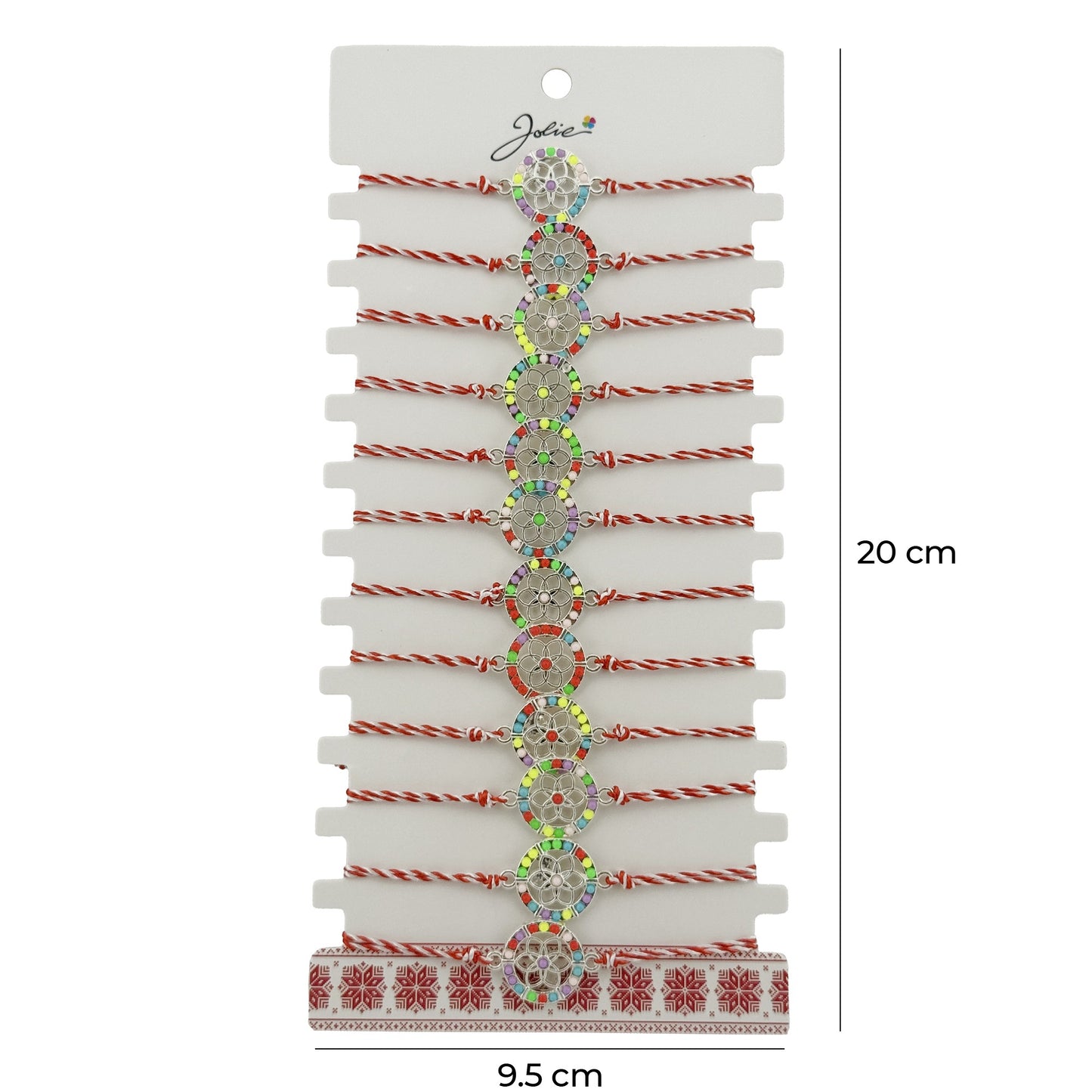 Bratara Martisor pentru Dama, Jolie, Model Floaricica in Cerc, Set 12 bucati, Pandativ Argintiu din Inox cu Elemente Multicolore, Snur Alb/Rosu