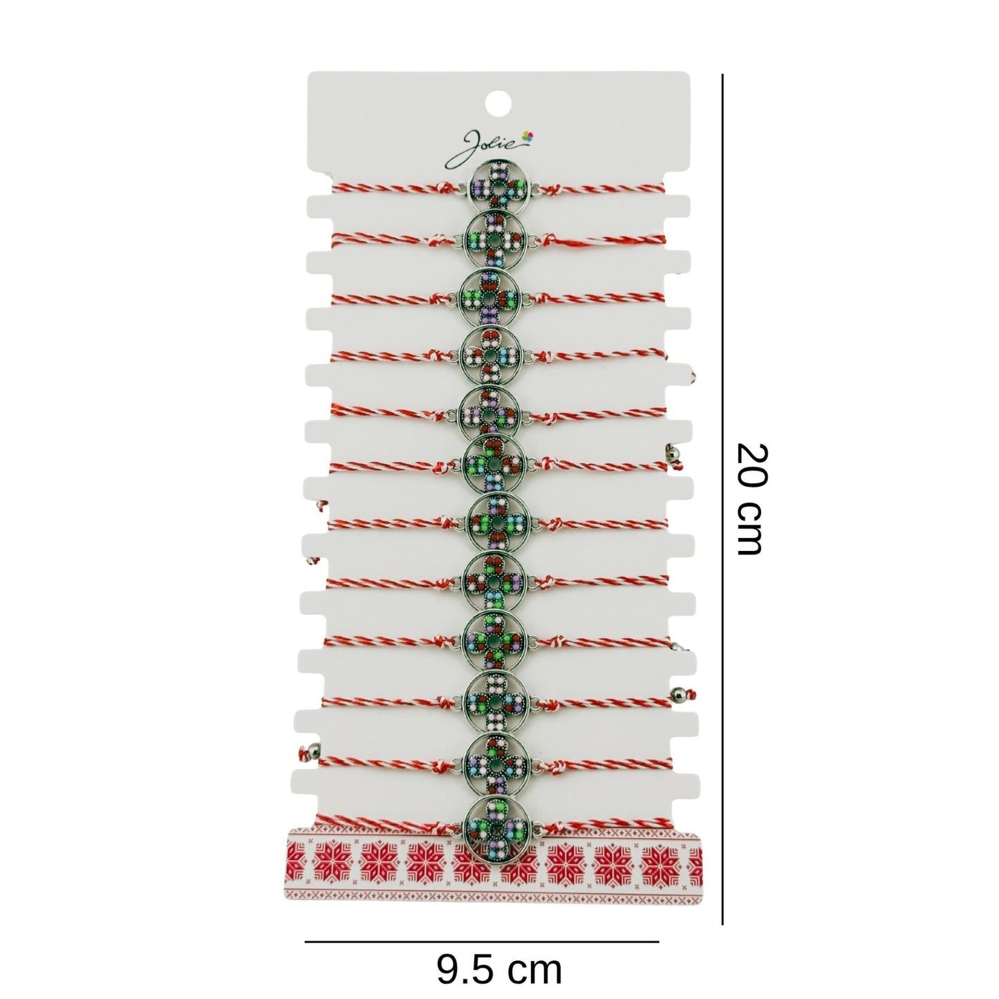 Bratara Martisor pentru Dama, Jolie, Model Floare, Set 12 bucati, Pandativ Argintiu din Inox cu Snur Alb-Rosu Ajustabil