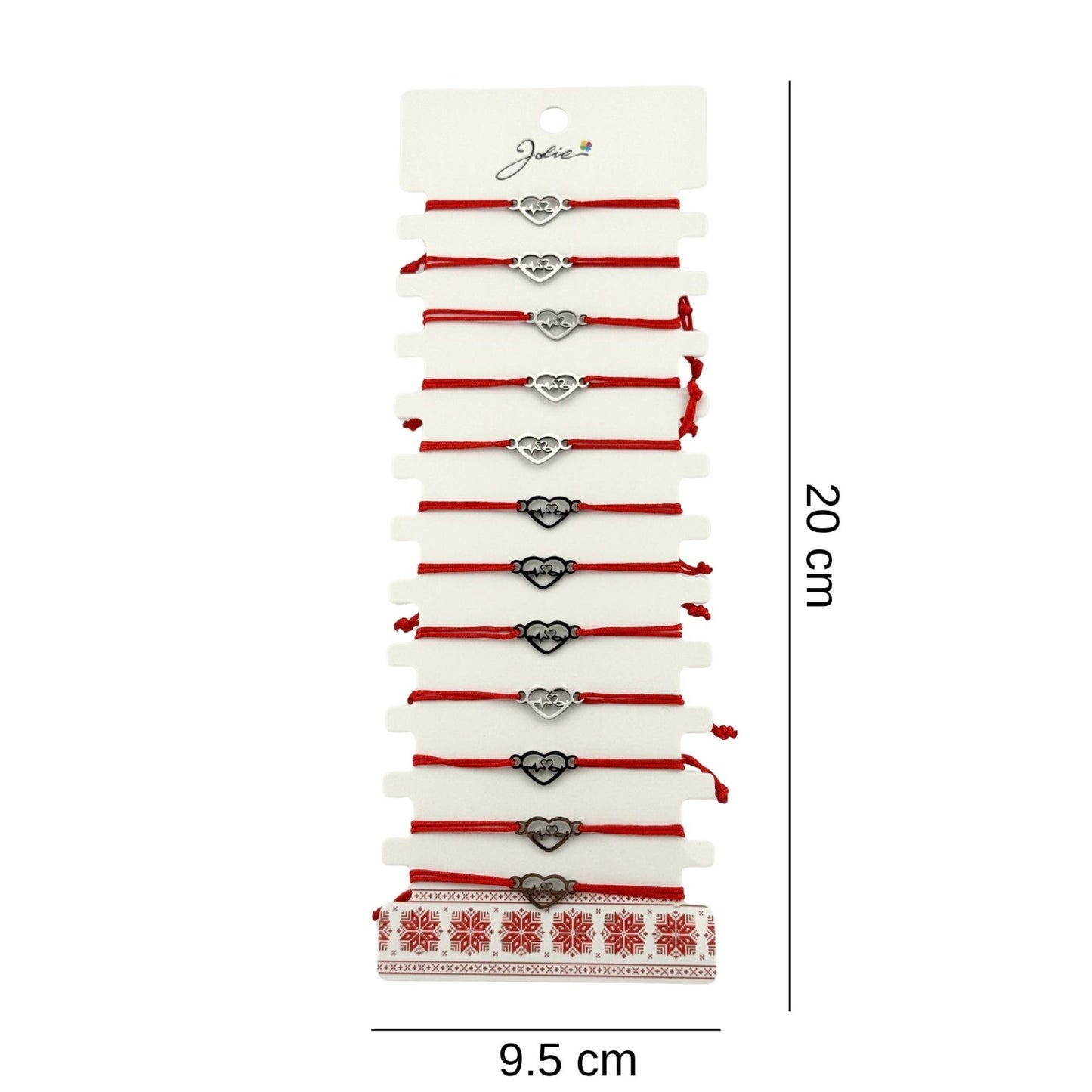 Bratara Martisor pentru Dama, Jolie, Model Inima, Set 12 bucati, Pandativ Argintiu din Inox cu Snur Rosu Ajustabil