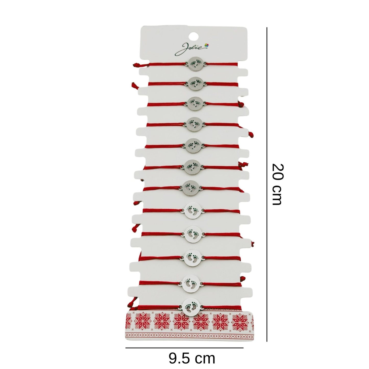 Bratara Martisor pentru Dama, Jolie, Model Talpi in Cerc, Set 12 bucati, Pandativ Argintiu din Inox cu Snur Rosu Ajustabil