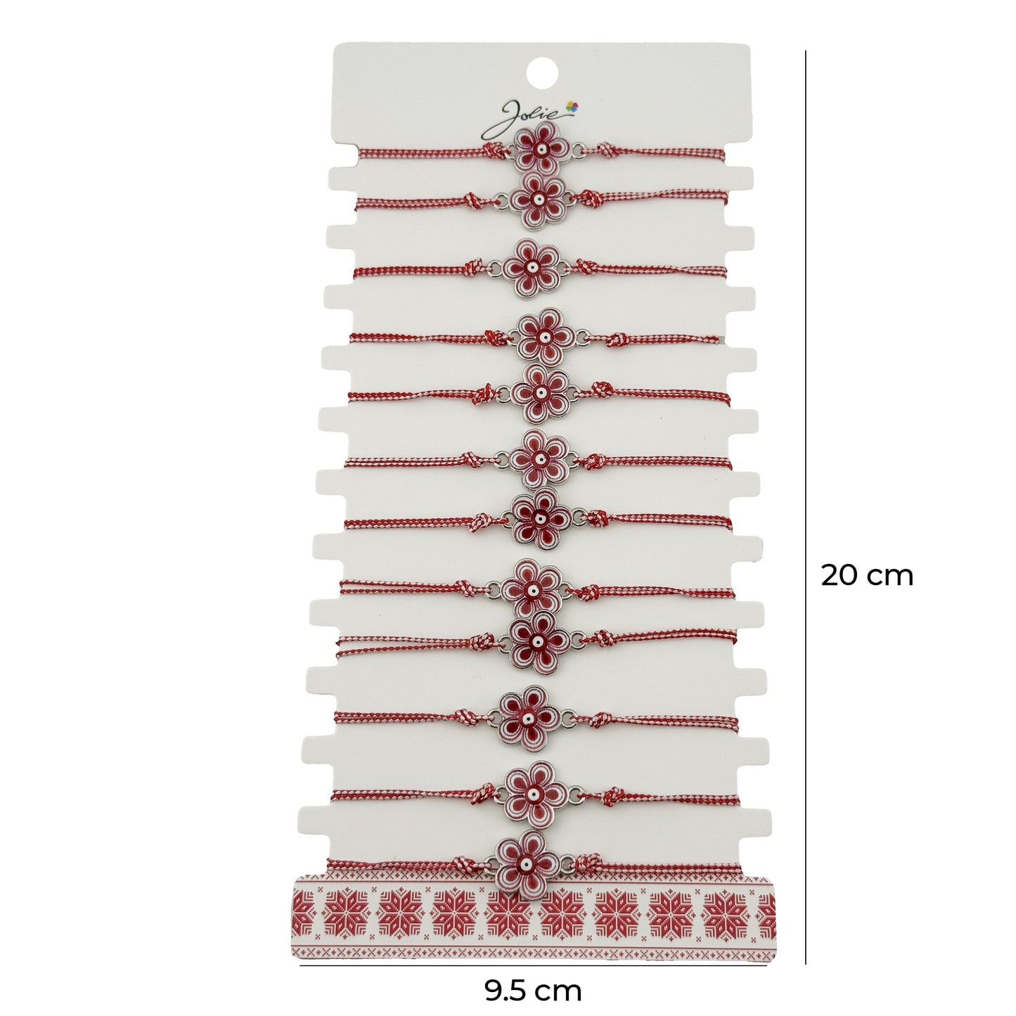 Bratara Martisor pentru Dama, Jolie, Model Floare, Set 12 bucati, Pandativ din Aliaj cu Print Traditional, Snur Ajustabil Impletit, Alb/Rosu