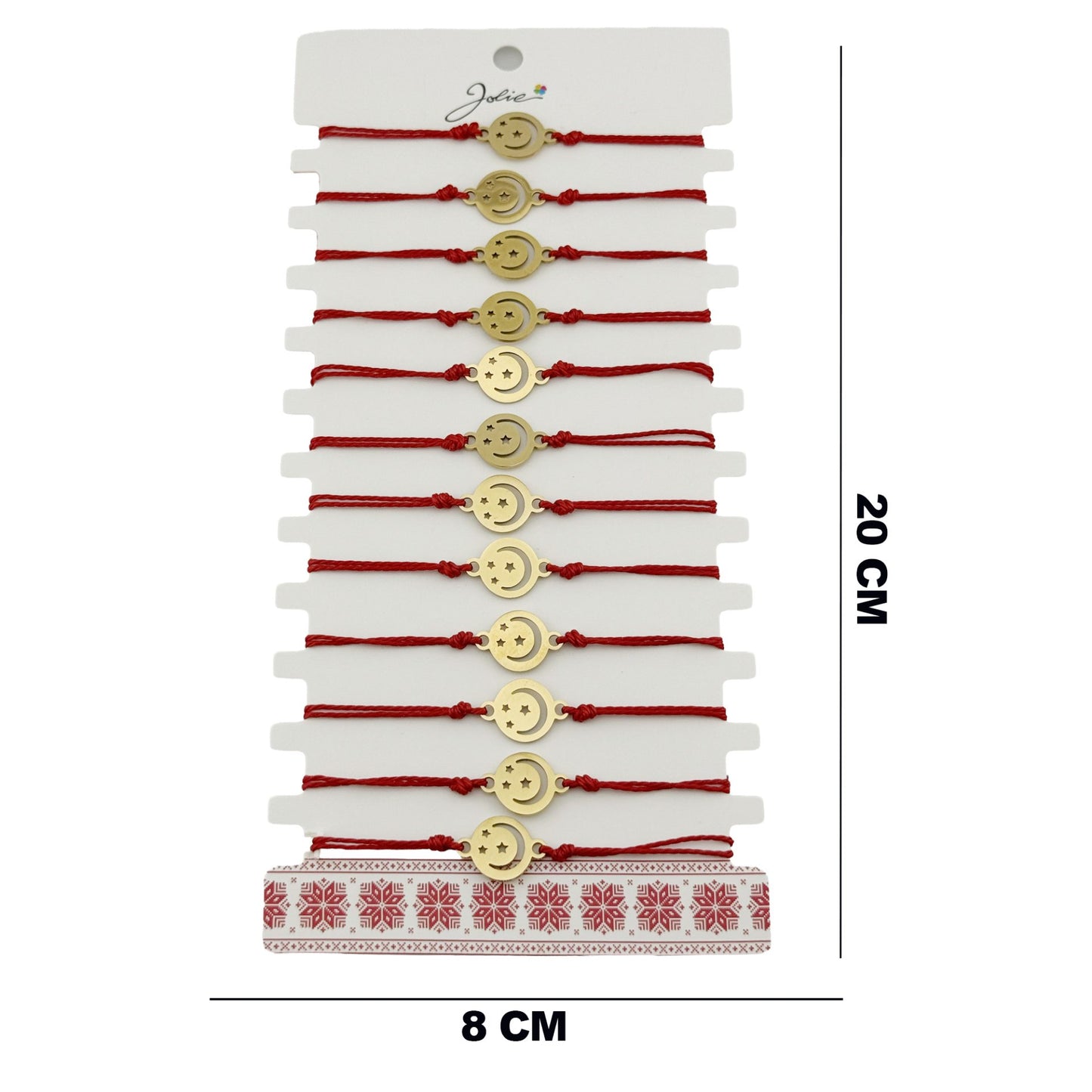Bratara Martisor pentru Dama, Jolie, Model Luna cu Stele, Set 12 bucati, Pandativ din Inox Auriu, Snur Ajustabil Impletit, Rosu